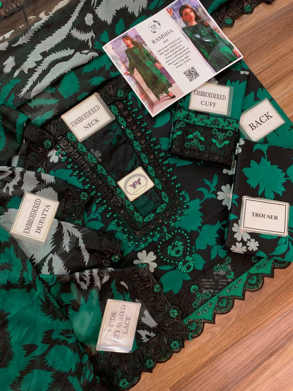 Ramsha Printed Embroidered Lawn 3PC Unstitched Memon Clothes